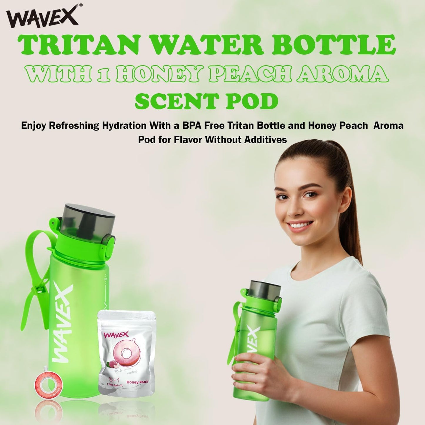 550ml Green Tritan Water Bottle + 1 Honey Peach Aroma Scent Pod