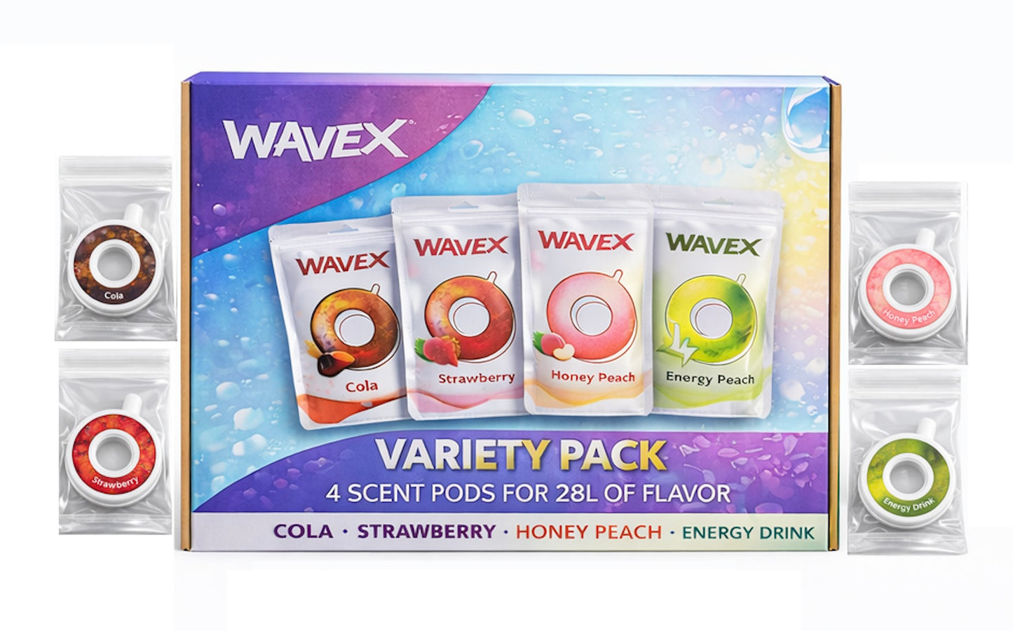 Variety 4-pack: Cola, Strawberry, Honey Peach, Energy Drink Scent Pods, Only for Wavex Scent-Powered Water Bottles