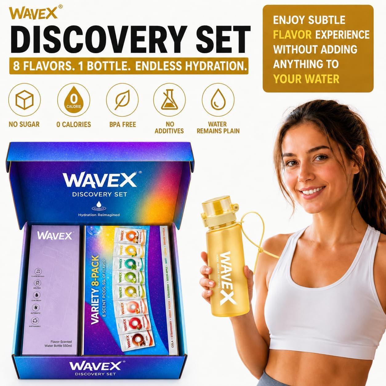 WAVEX 550ml Golden Yellow Tritan Water Bottle with Variety 8-Scent Pods Discovery Set