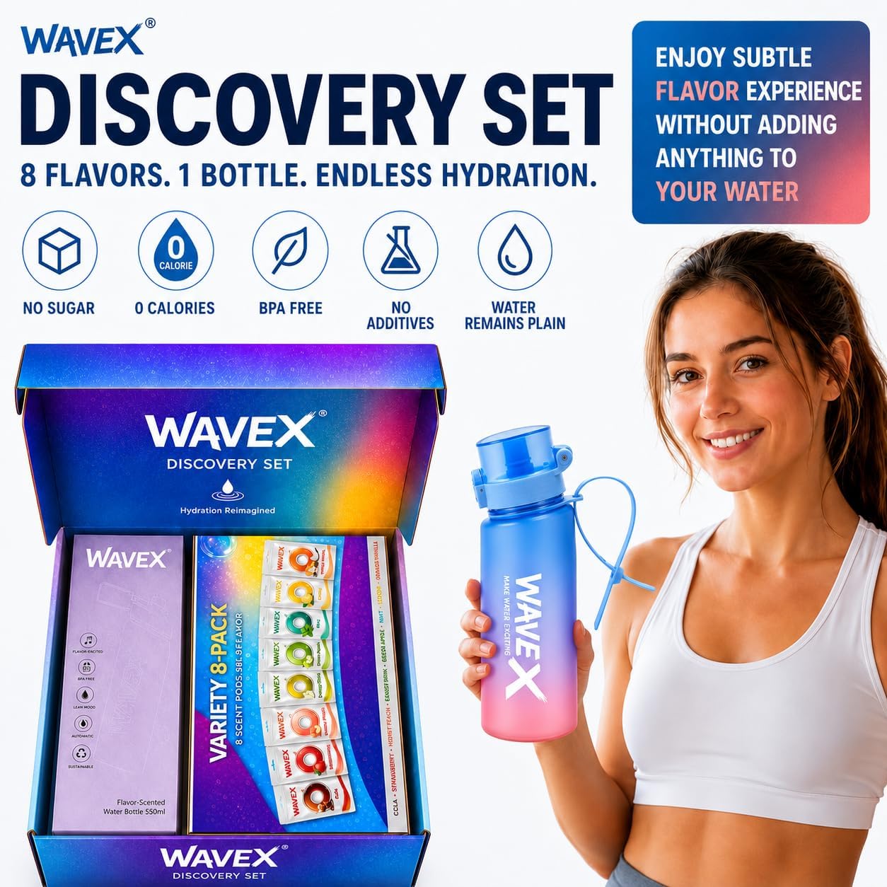 WAVEX 550ml Sunset Coral Blue Tritan Water Bottle with Variety 8-Scent Pods Discovery Set