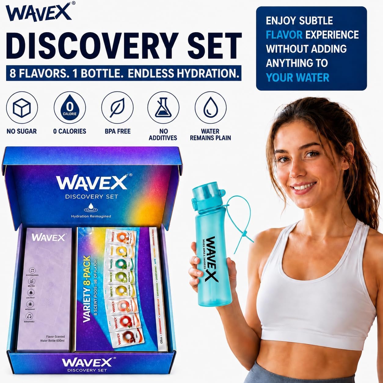 WAVEX 600ml Sea Breeze Turquoise Tritan Water Bottle with Variety 8-Scent Pods Discovery Set