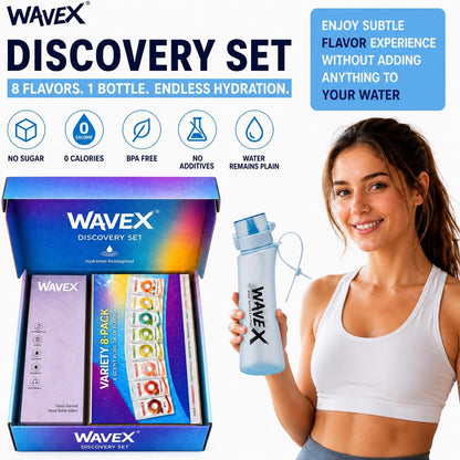 WAVEX 600ml Glacier Blue Tritan Water Bottle with Variety 8-Scent Pods Discovery Set
