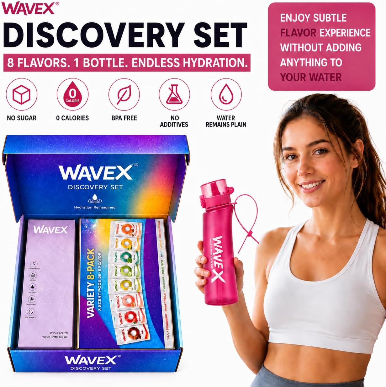 WAVEX 600ml Wild Berry Pink Tritan Water Bottle with Variety 8-Scent Pods Discovery Set