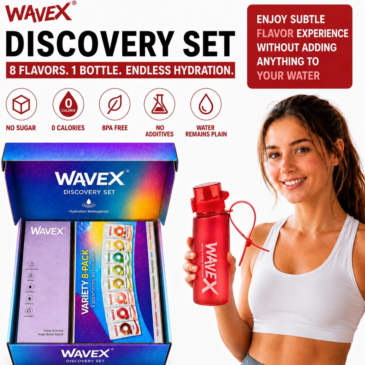 WAVEX 550ml Crimson Wave Red Tritan Water Bottle with Variety 8-Scent Pods Discovery Set