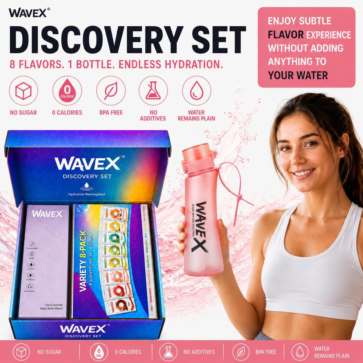 WAVEX 600ml Soft Rose Pink Tritan Water Bottle with Variety 8-Scent Pods Discovery Set