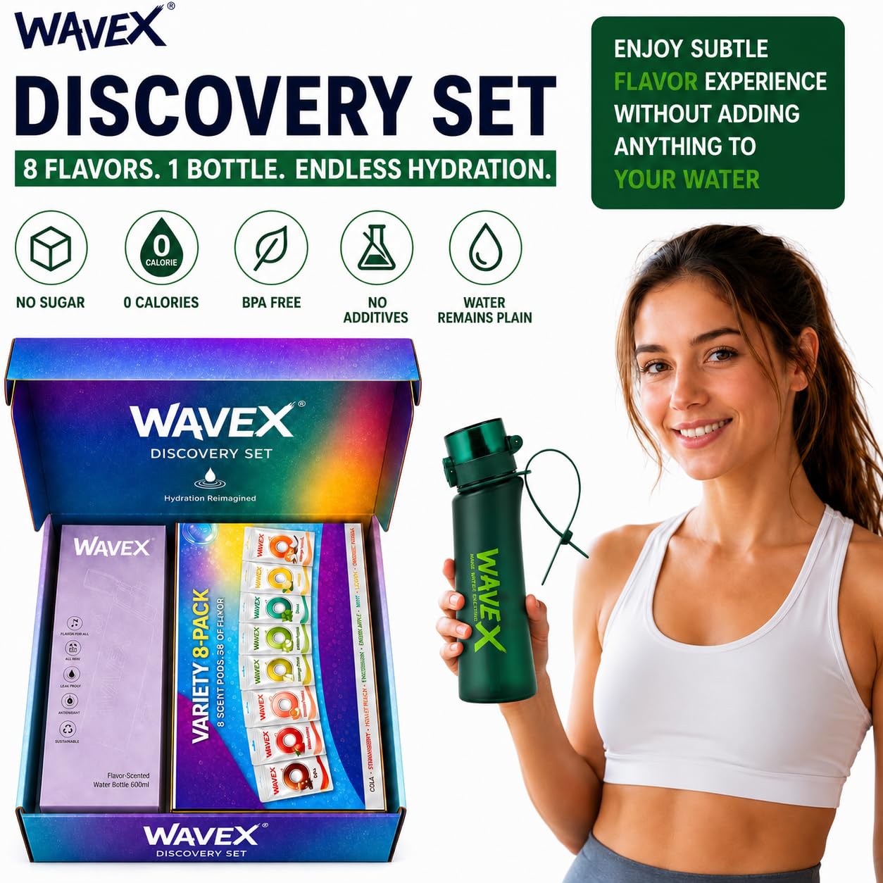 WAVEX 600ml Deep Forest Green Tritan Water Bottle with Variety 8-Scent Pods Discovery Set