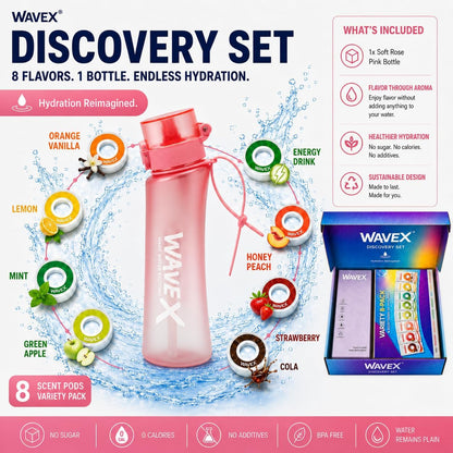 WAVEX 600ml Soft Rose Pink Tritan Water Bottle with Variety 8-Scent Pods Discovery Set