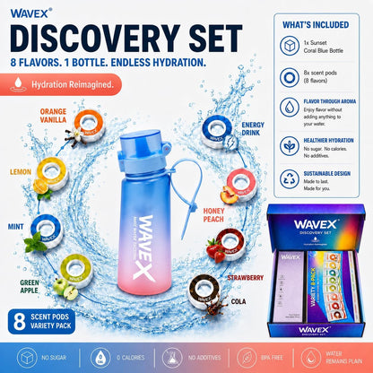 WAVEX 550ml Sunset Coral Blue Tritan Water Bottle with Variety 8-Scent Pods Discovery Set