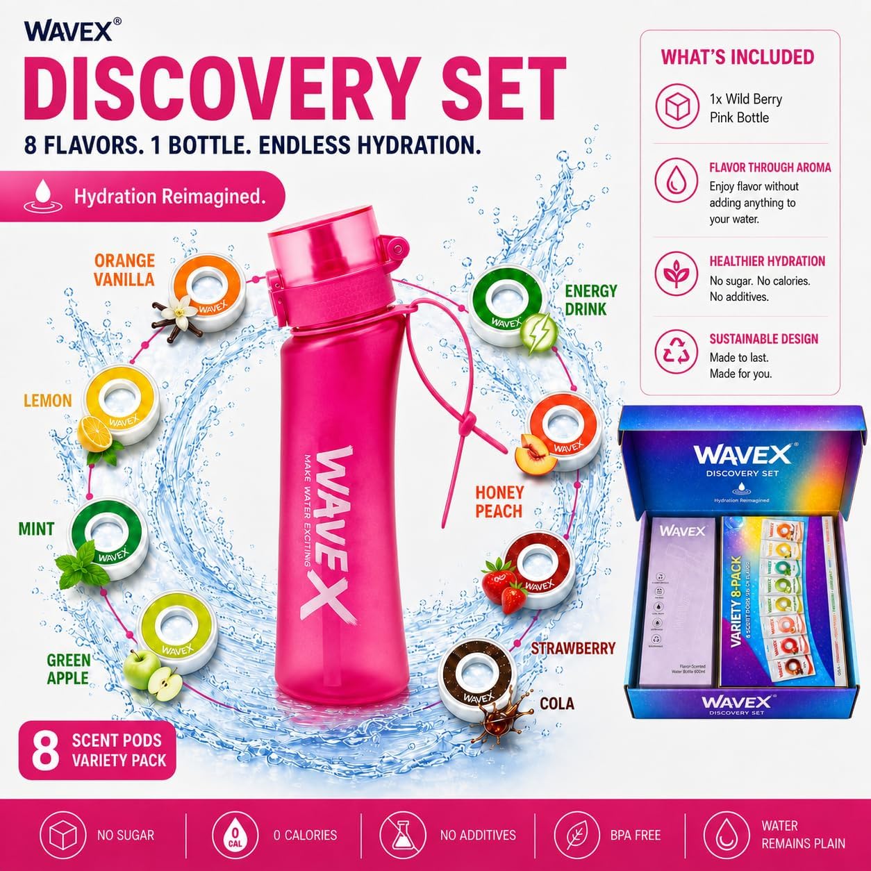WAVEX 600ml Wild Berry Pink Tritan Water Bottle with Variety 8-Scent Pods Discovery Set