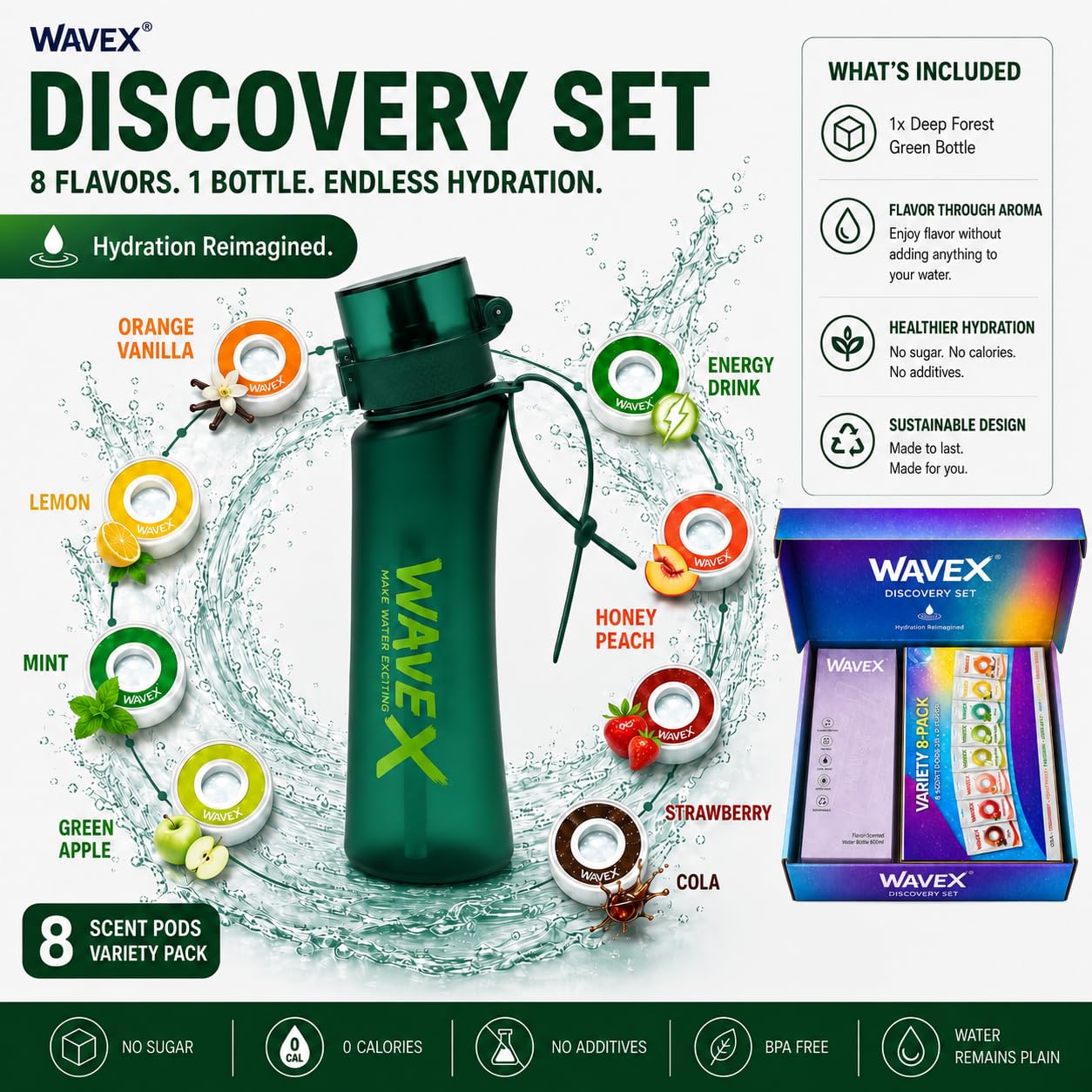 WAVEX 600ml Deep Forest Green Tritan Water Bottle with Variety 8-Scent Pods Discovery Set