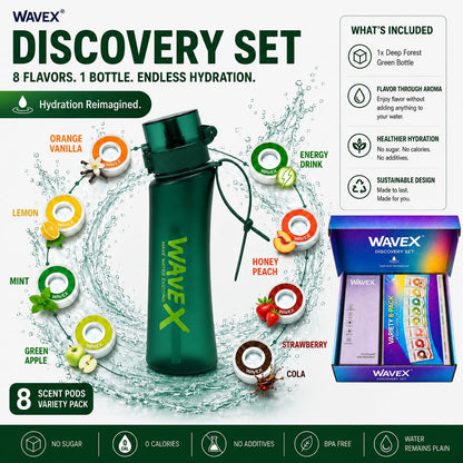 WAVEX 600ml Deep Forest Green Tritan Water Bottle with Variety 8-Scent Pods Discovery Set