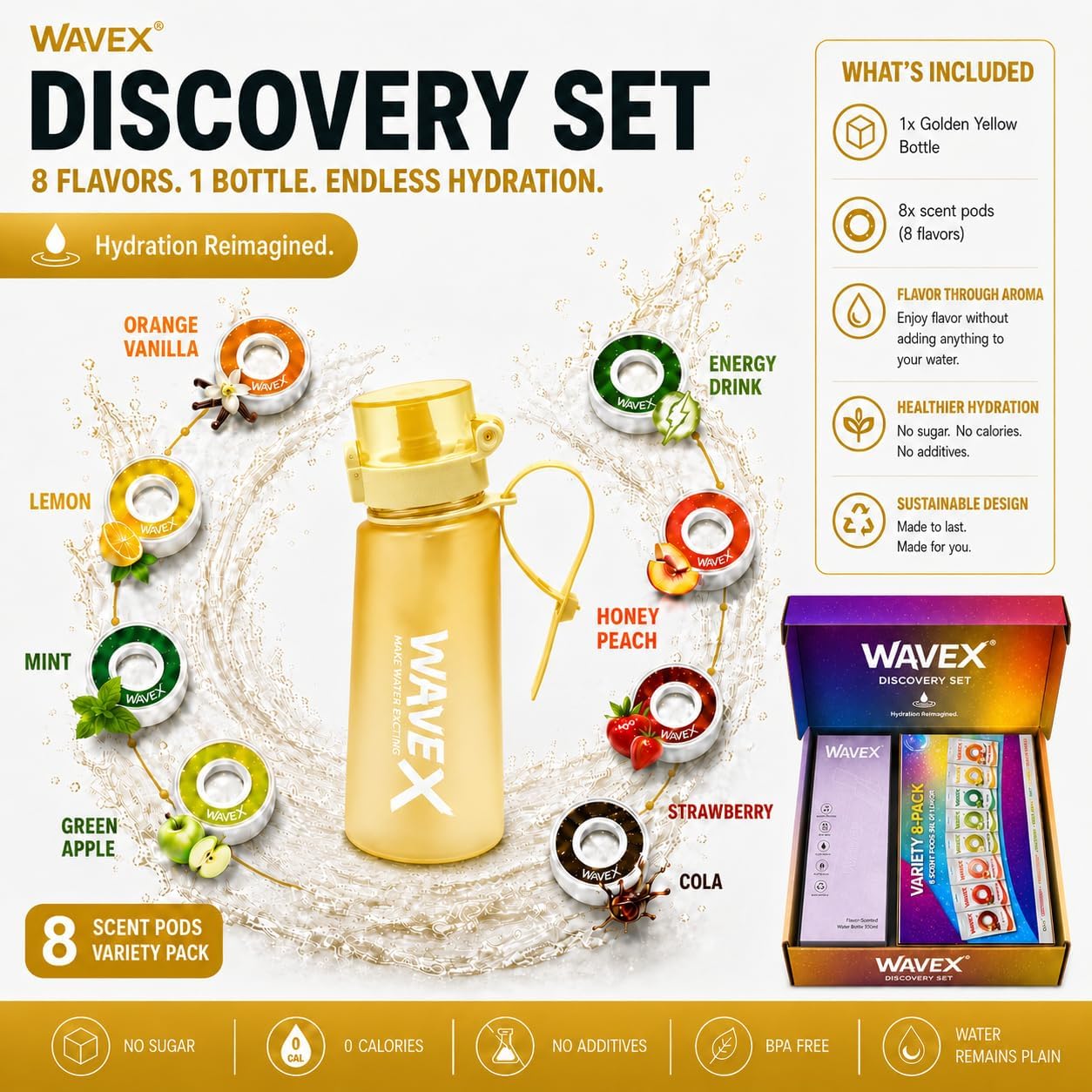 WAVEX 550ml Golden Yellow Tritan Water Bottle with Variety 8-Scent Pods Discovery Set