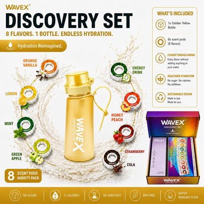 WAVEX 550ml Golden Yellow Tritan Water Bottle with Variety 8-Scent Pods Discovery Set