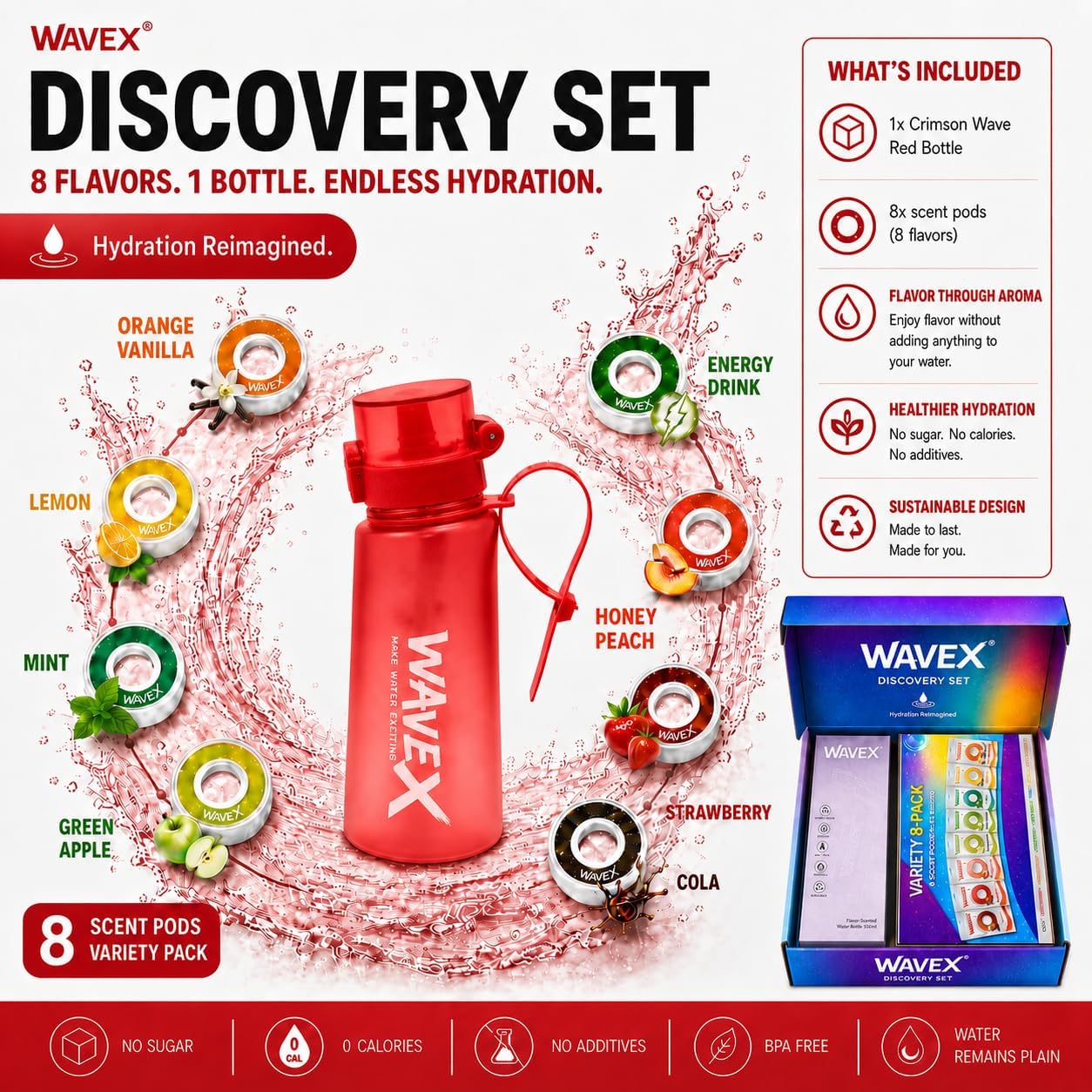 WAVEX 550ml Crimson Wave Red Tritan Water Bottle with Variety 8-Scent Pods Discovery Set