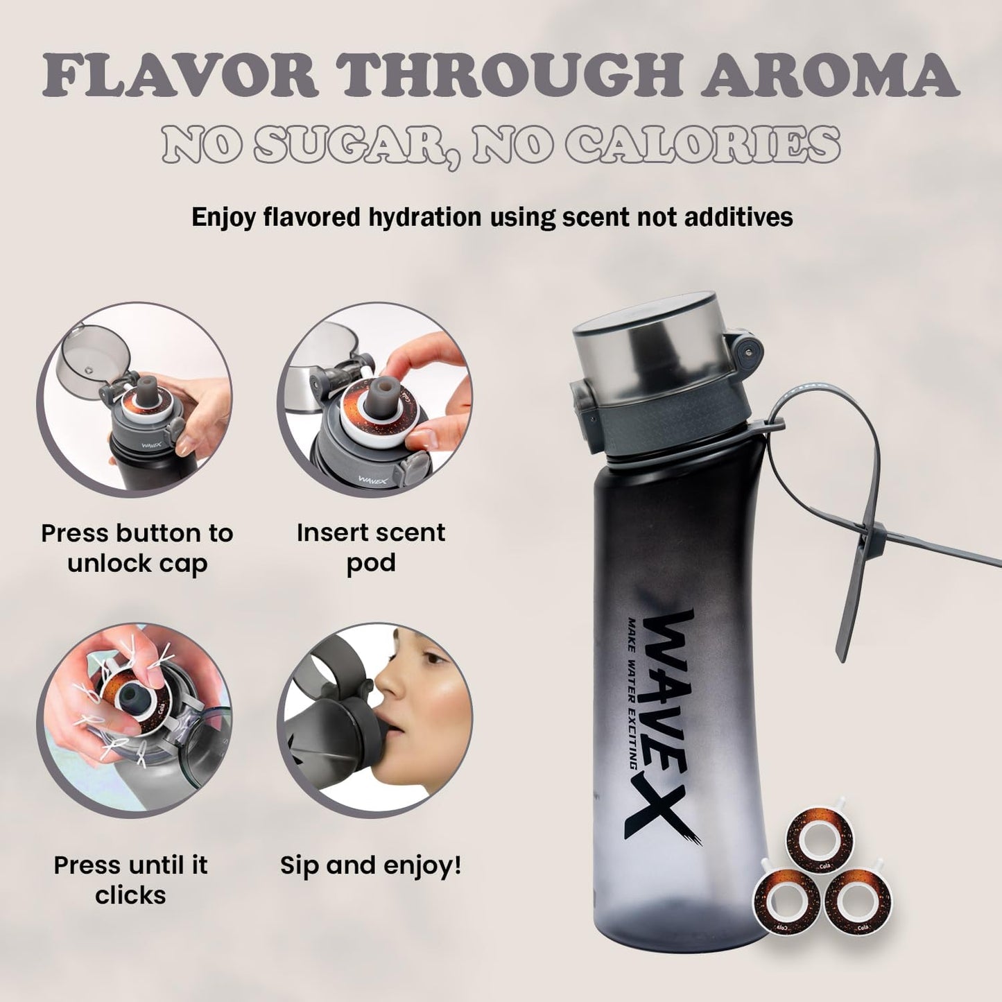 600ml Iron Mist Gray Tritan Water Bottle With 3 Cola Aroma Scent Pod