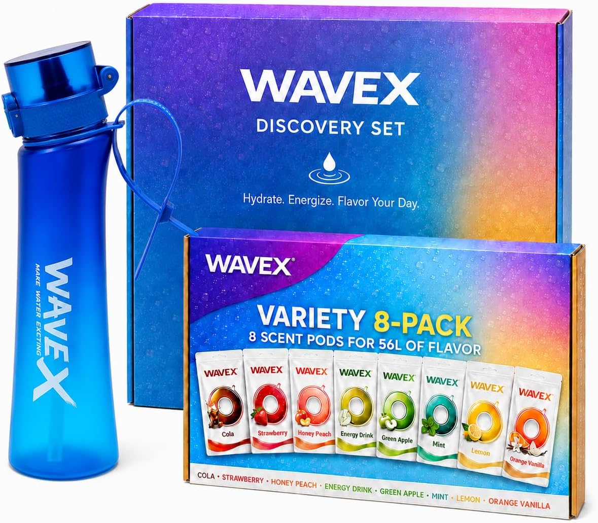 WAVEX 600ml Deep Tide Blue Tritan Water Bottle with Variety 8-Scent Pods Discovery Set