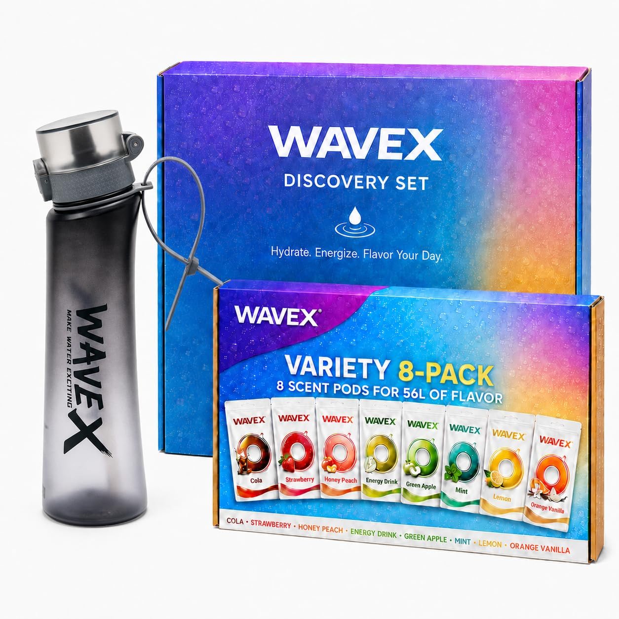 WAVEX 600ml Iron Mist Gray Tritan Water Bottle with Variety 8-Scent Pods Discovery Set