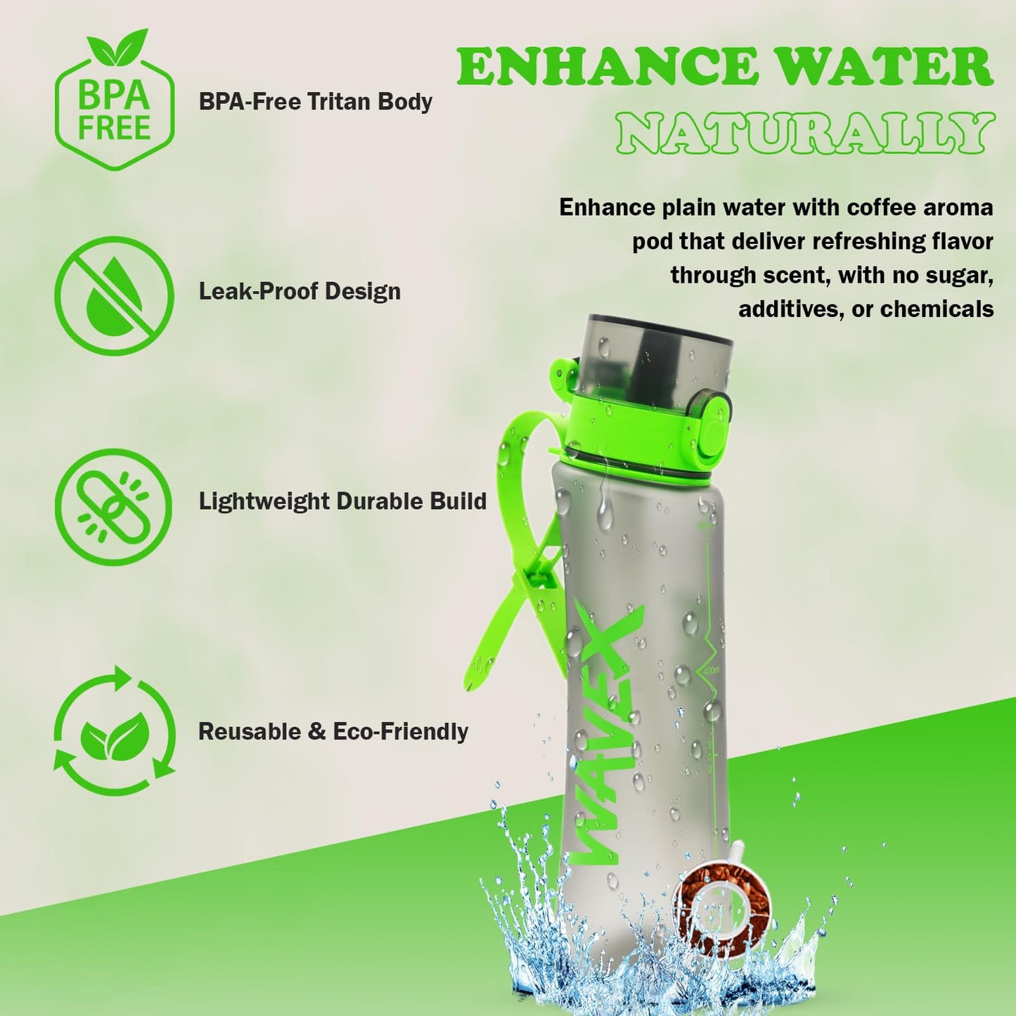 600ml Green Tritan Water Bottle With 1 Coffee Aroma Scent Pod