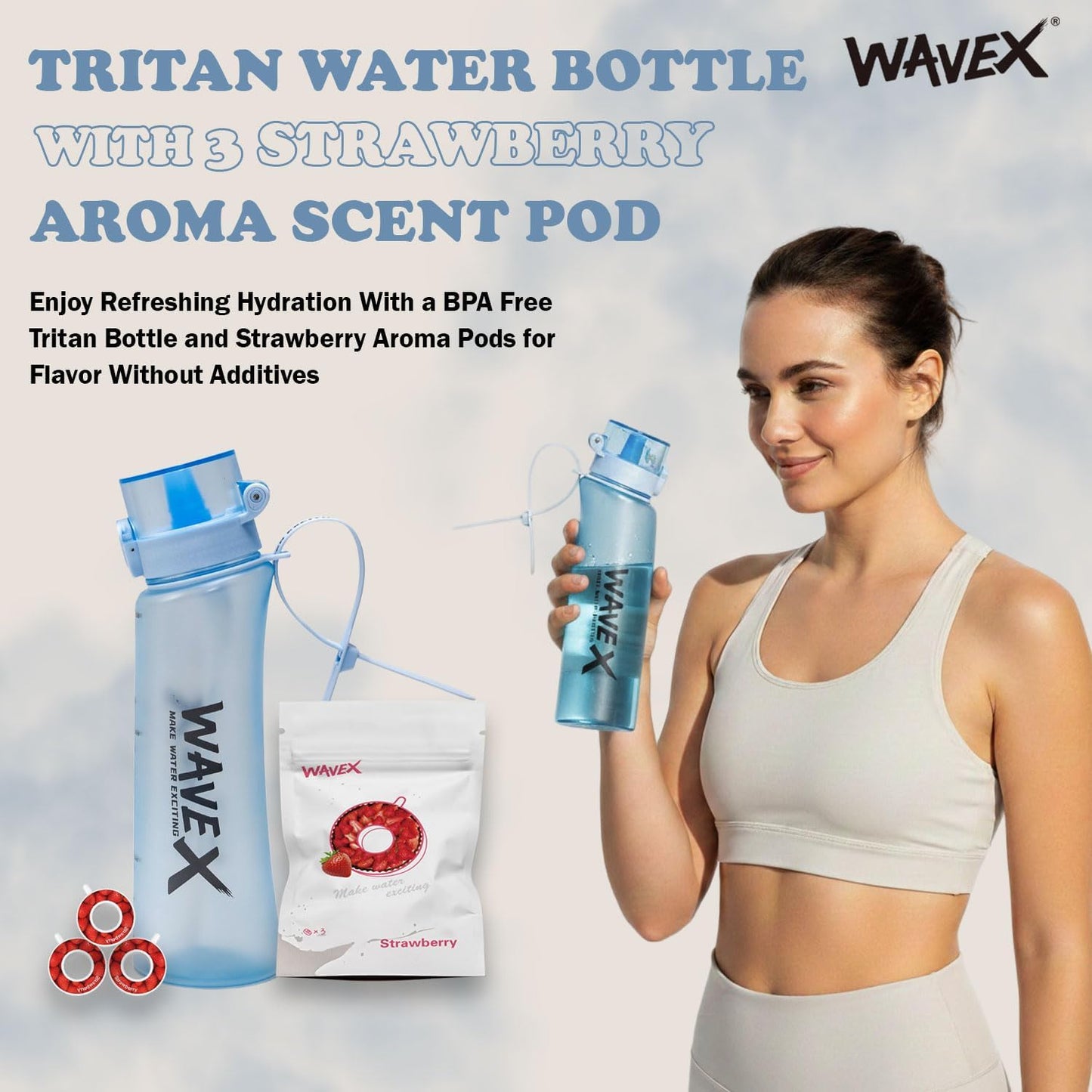 600ml Glacier Blue Tritan Water Bottle With 3 Strawberry Aroma Scent Pod