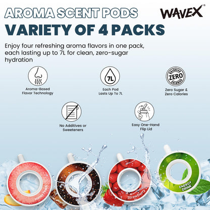 Variety 4-pack: Cola, Strawberry, Honey Peach, Energy Drink Scent Pods, Only for Wavex Scent-Powered Water Bottles