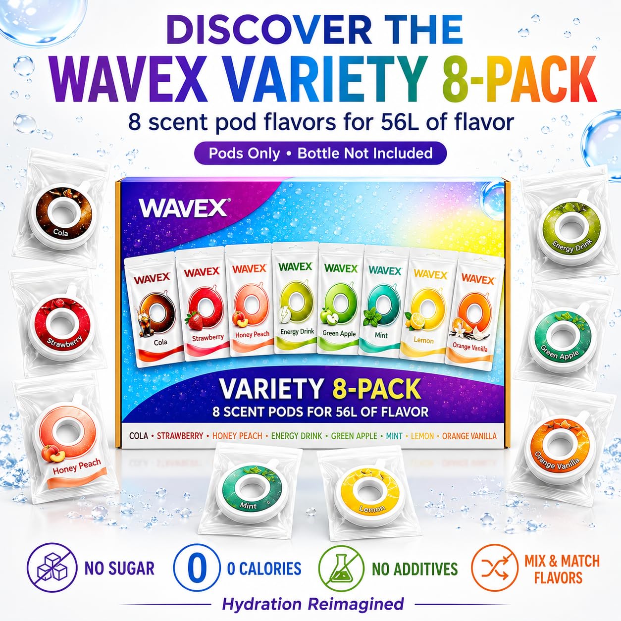 VARIETY 8-PACK: COLA, STRAWBERRY, HONEY PEACH, ENERGY DRINK, GREEN APPLE, MINT, LEMON, ORANGE VANILLA Scent Pods for Wavex Bottles