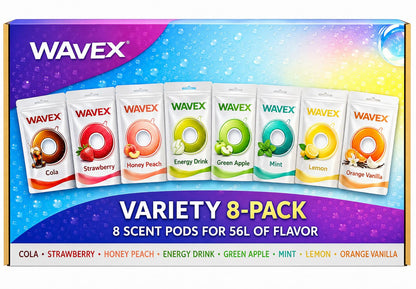 VARIETY 8-PACK: COLA, STRAWBERRY, HONEY PEACH, ENERGY DRINK, GREEN APPLE, MINT, LEMON, ORANGE VANILLA Scent Pods for Wavex Bottles