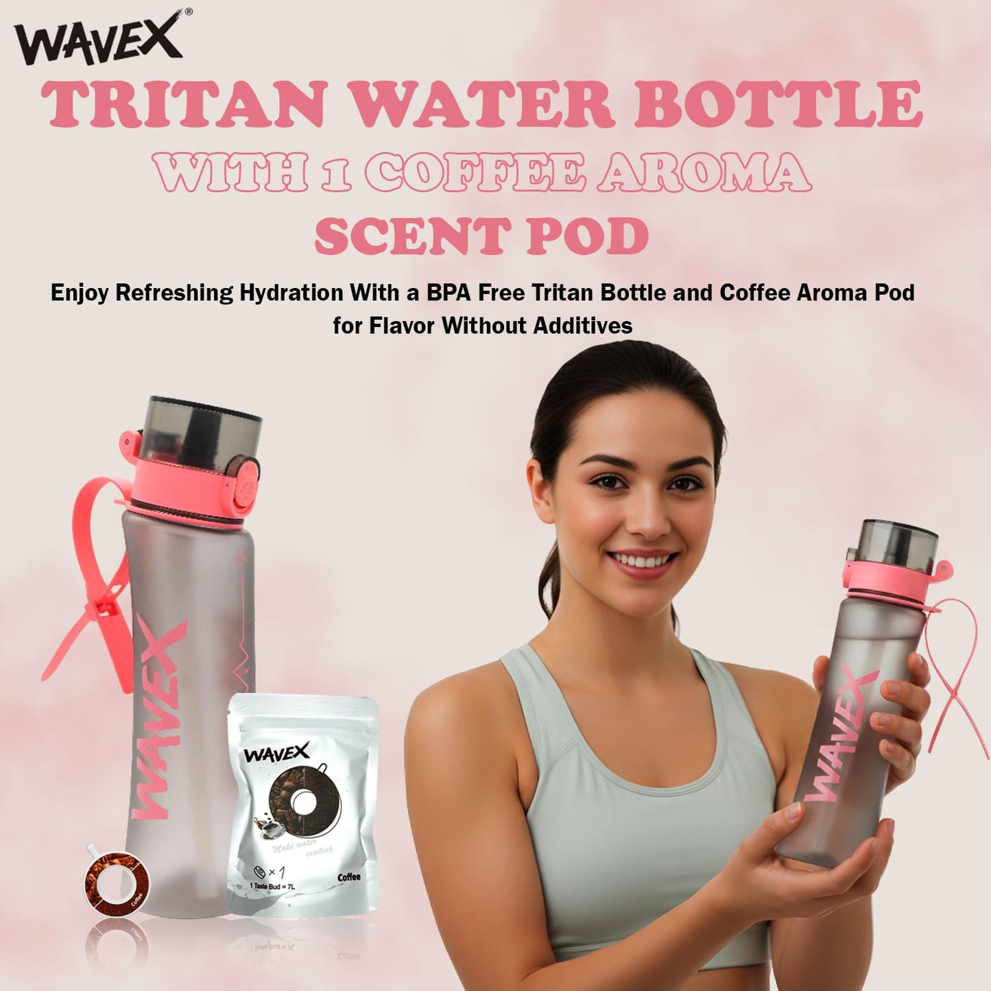 600ml Pink Tritan Water Bottle With 1 Coffee Aroma Scent Pod