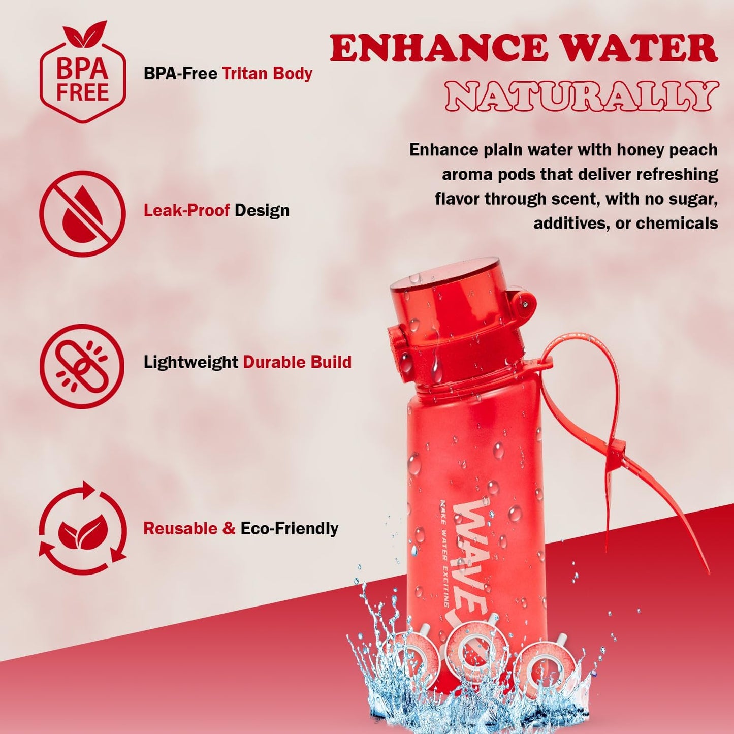 550ml Crimson Wave Red Tritan Water Bottle + 3 Honey Peach Aroma Scent Pods