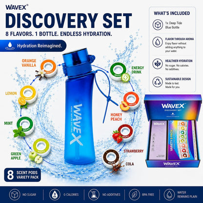 WAVEX 600ml Deep Tide Blue Tritan Water Bottle with Variety 8-Scent Pods Discovery Set