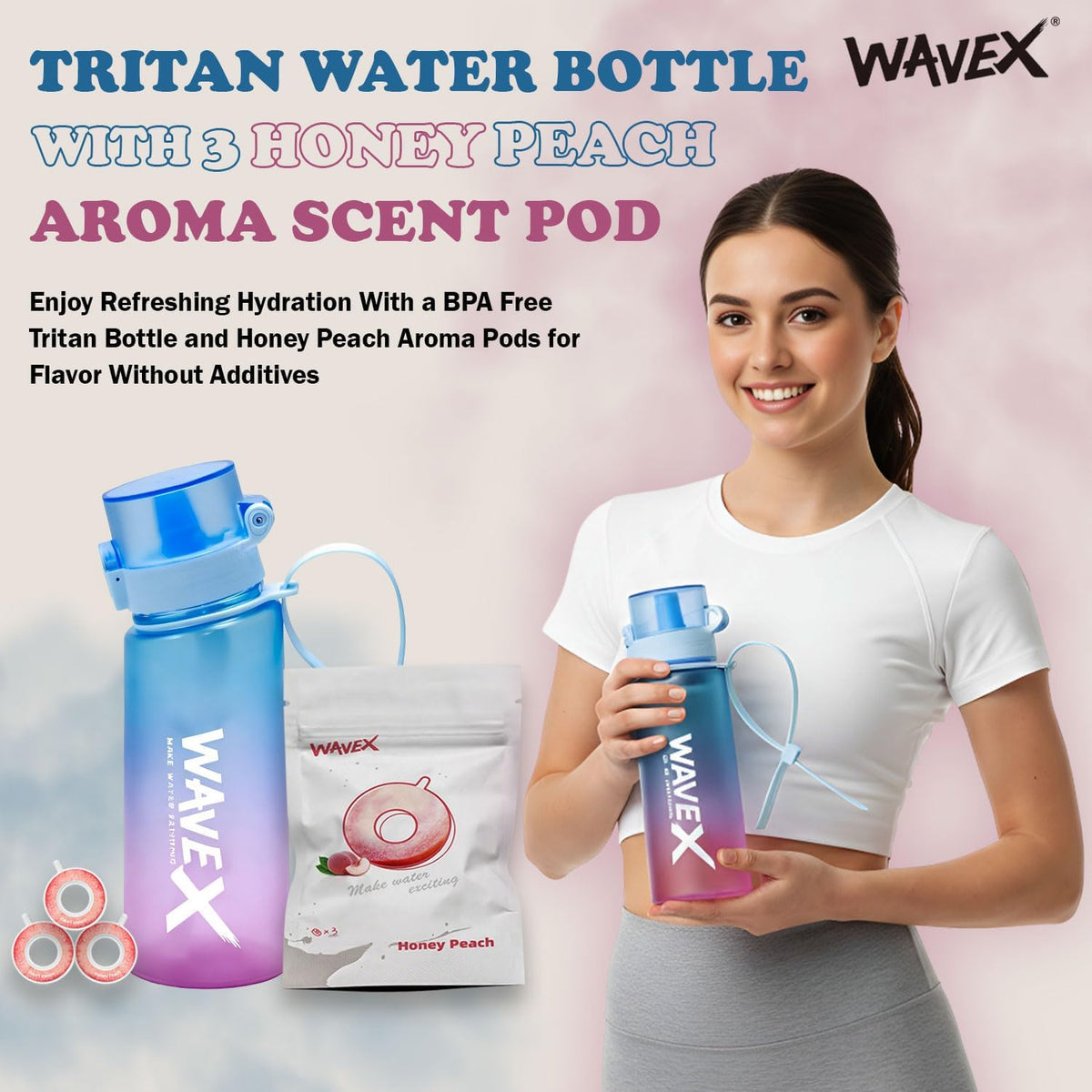 550ml Sunset Coral Blue Tritan Water Bottle + 3 Honey Peach Aroma Scent Pods