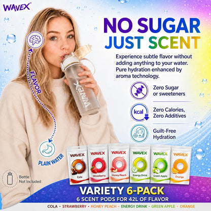 VARIETY 6-PACK: COLA, STRAWBERRY, HONEY PEACH, ENERGY DRINK, GREEN APPLE, ORANGE Scent Pods, For Wavex Scent-Powered Water Bottles