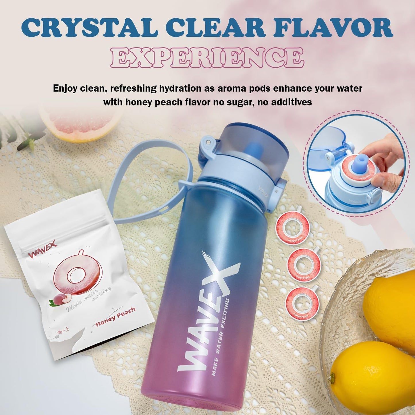 550ml Sunset Coral Blue Tritan Water Bottle + 3 Honey Peach Aroma Scent Pods