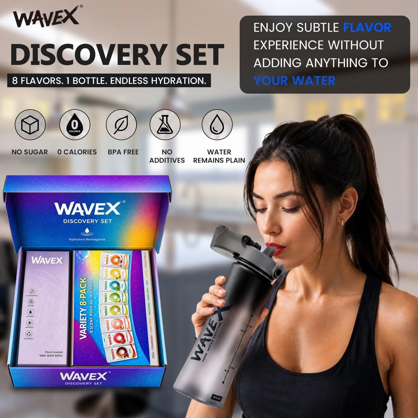 WAVEX 600ml Iron Mist Gray Tritan Water Bottle with Variety 8-Scent Pods Discovery Set