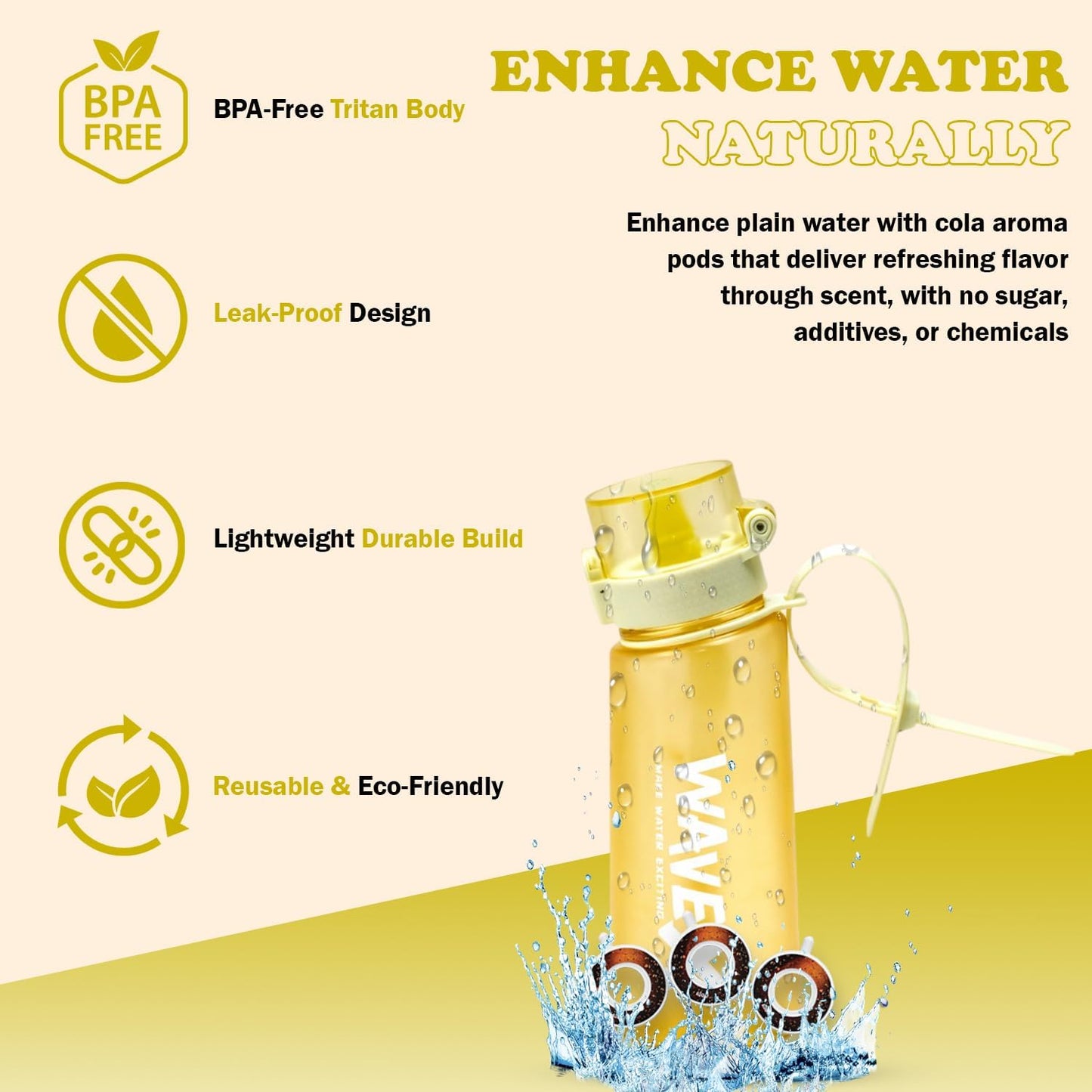550ml Golden Yellow Tritan Water Bottle With 3 Cola Aroma Scent Pod