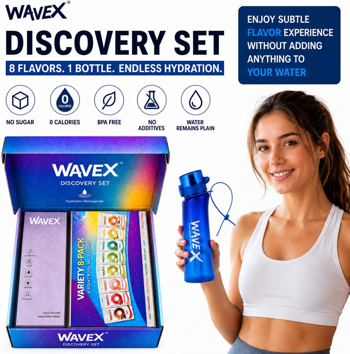 WAVEX 600ml Deep Tide Blue Tritan Water Bottle with Variety 8-Scent Pods Discovery Set