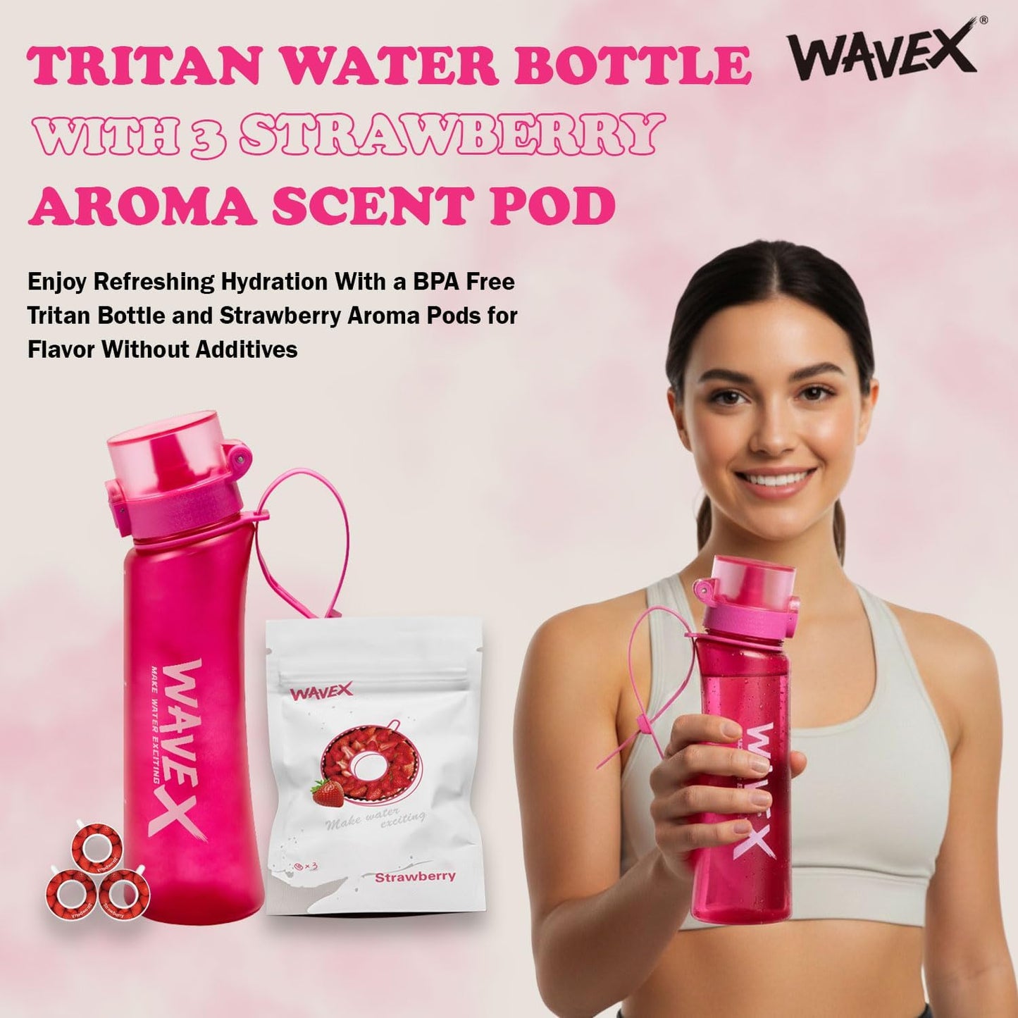600ml Wild Berry Pink Tritan Water Bottle With 3 Strawberry Aroma Scent Pod