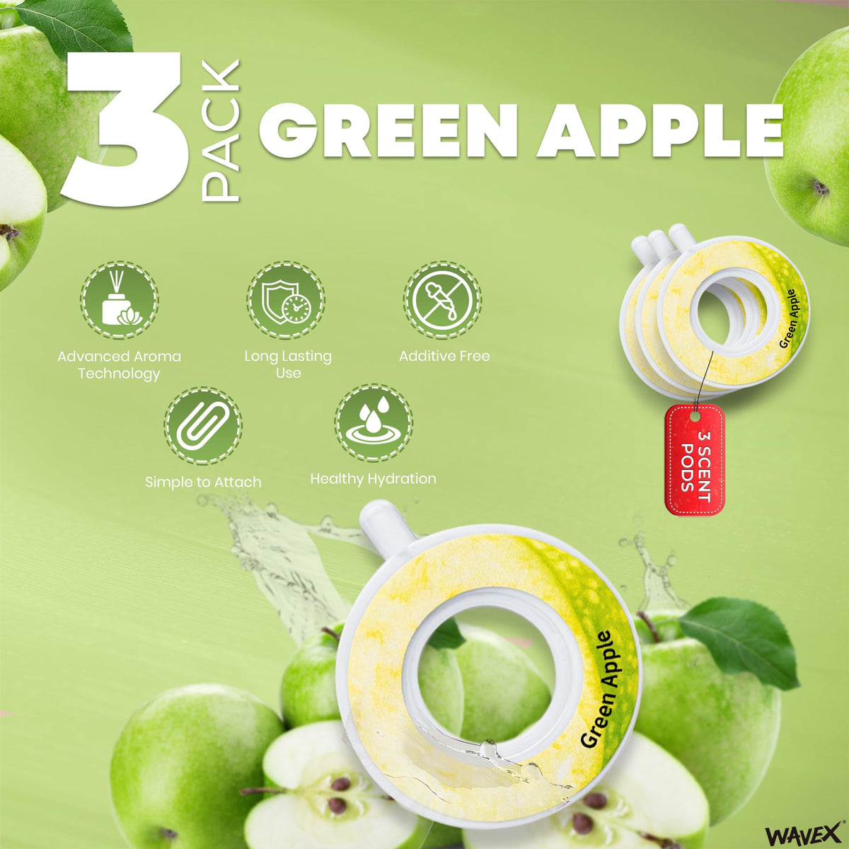 3-Pack Green Apple Aroma Scent Pods, Only for WAVEX Scent-Powered Water Bottles