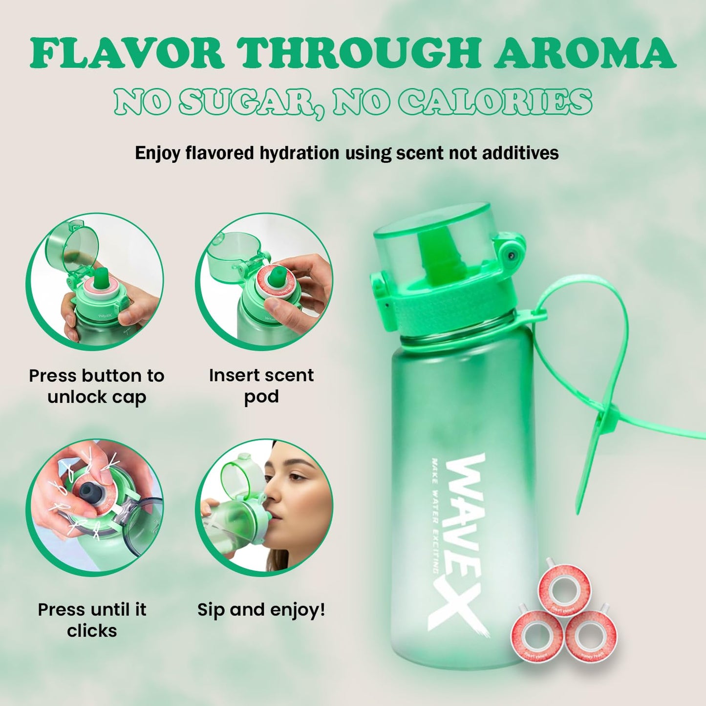 550ml Sea Glass Green Tritan Water Bottle + 3 Honey Peach Aroma Scent Pods