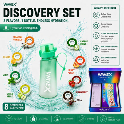 WAVEX 550ml Sea Glass Green Tritan Water Bottle with Variety 8-Scent Pods Discovery Set
