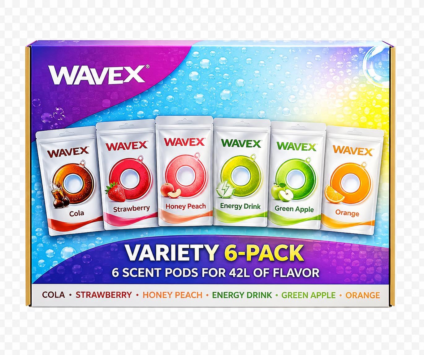 VARIETY 6-PACK: COLA, STRAWBERRY, HONEY PEACH, ENERGY DRINK, GREEN APPLE, ORANGE Scent Pods, For Wavex Scent-Powered Water Bottles