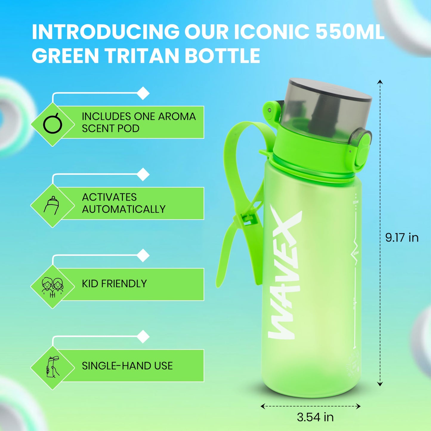 550ml Green Tritan Water Bottle + 1 Honey Peach Aroma Scent Pod