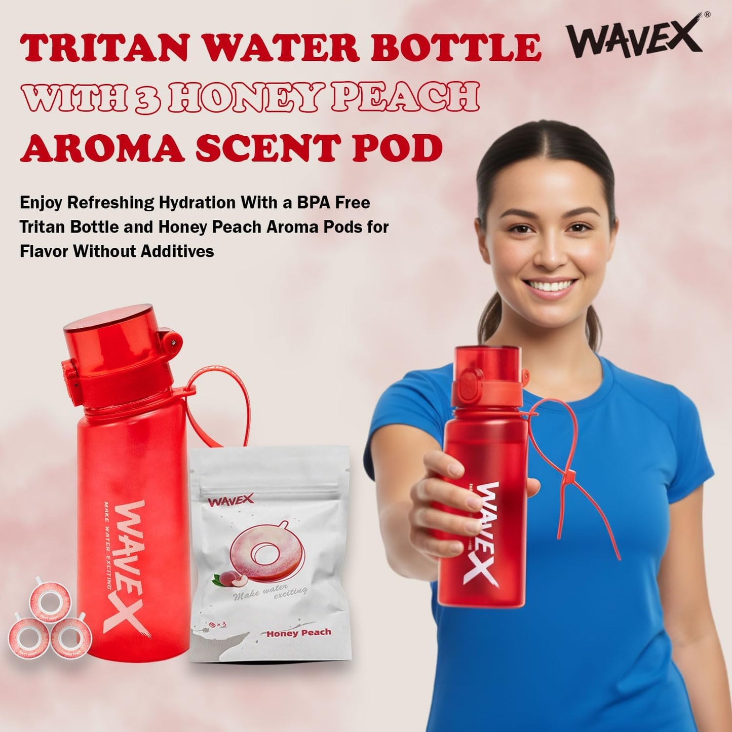 550ml Crimson Wave Red Tritan Water Bottle + 3 Honey Peach Aroma Scent Pods