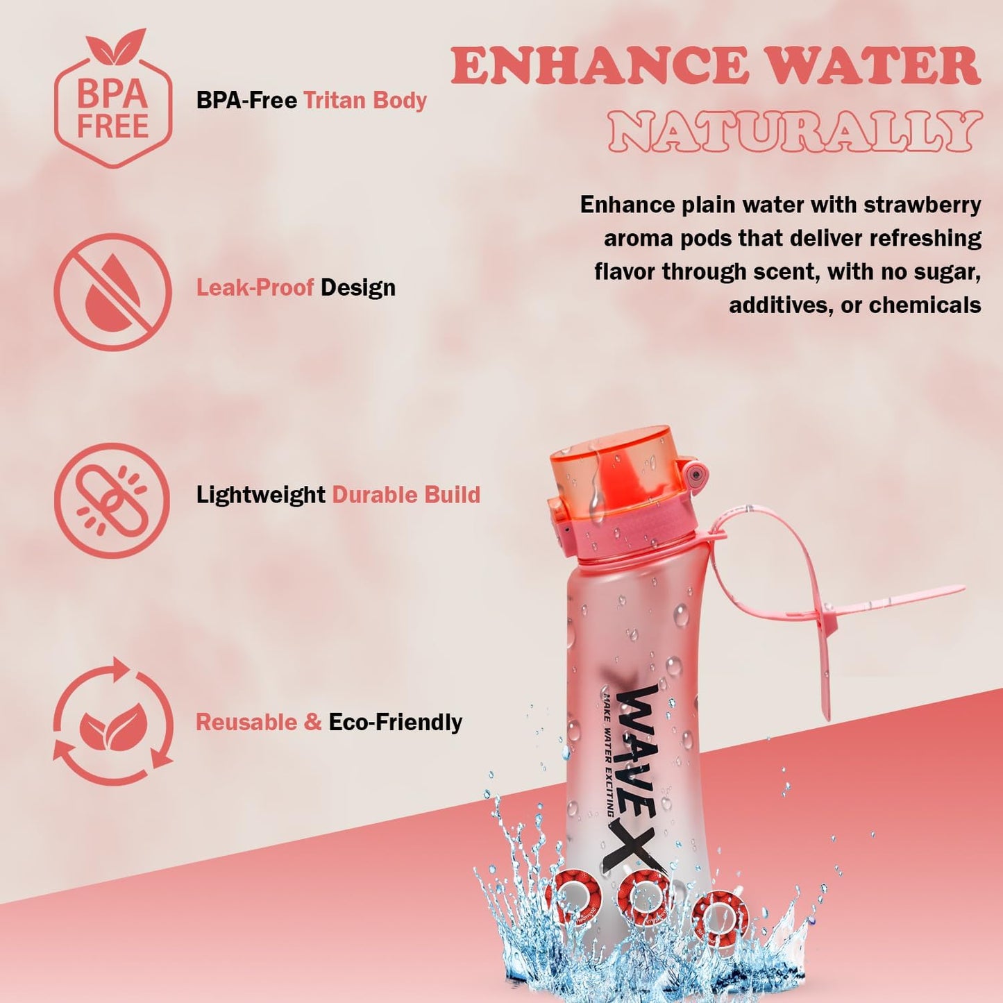 600ml Soft Rose Pink Tritan Water Bottle With 3 Strawberry Aroma Scent Pod