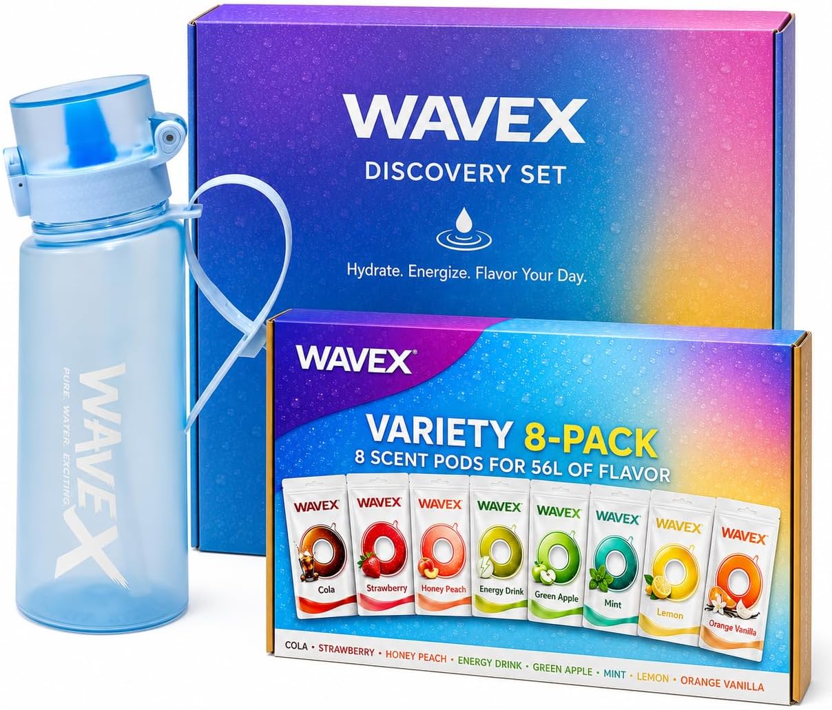 WAVEX 550ml Crystal Clear Blue Tritan Water Bottle with Variety 8-Scent Pods Discovery Set