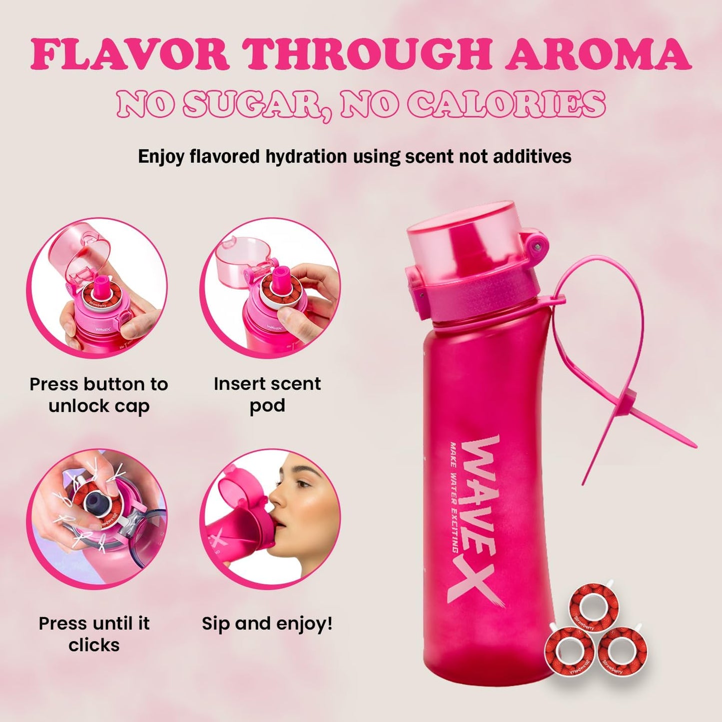 600ml Wild Berry Pink Tritan Water Bottle With 3 Strawberry Aroma Scent Pod