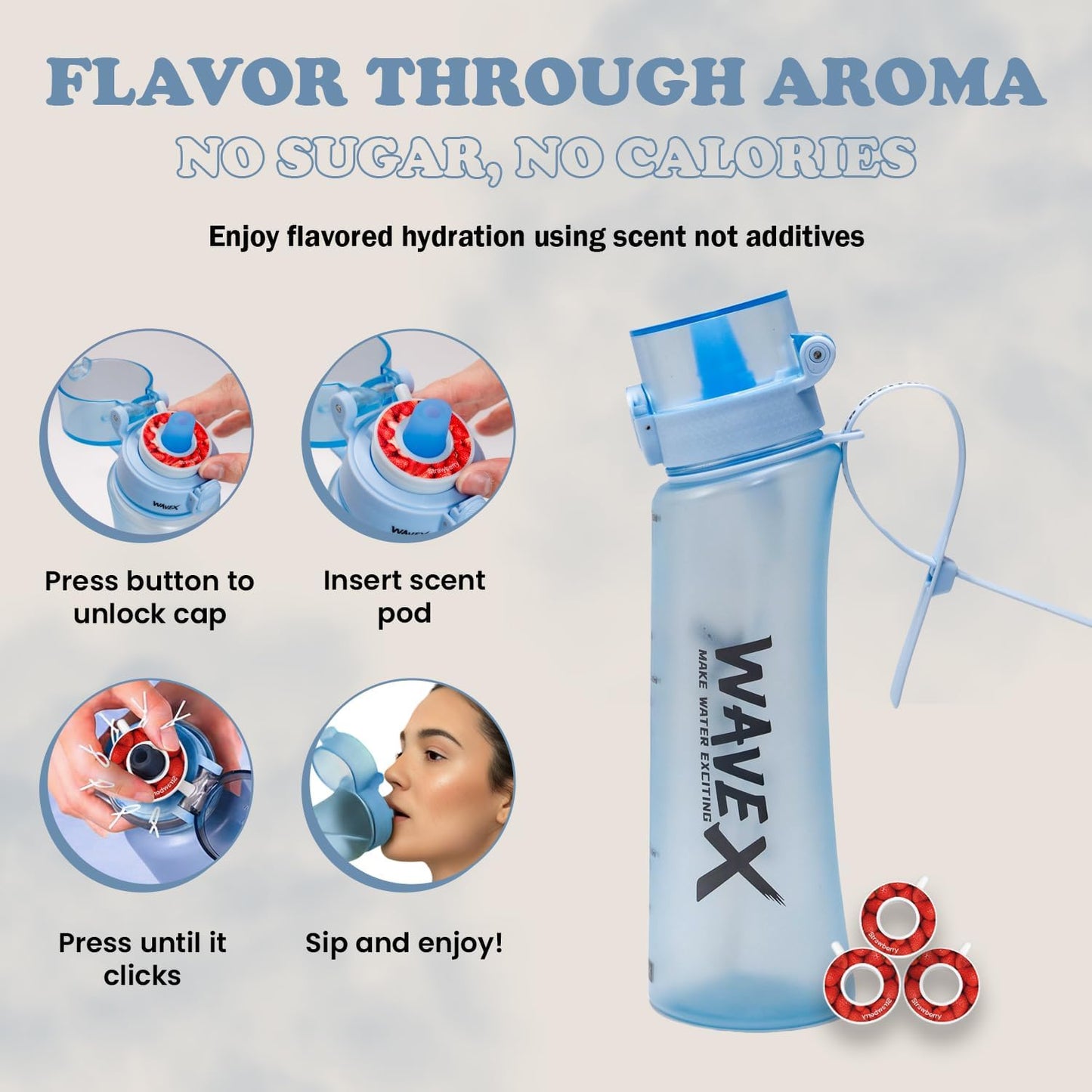 600ml Glacier Blue Tritan Water Bottle With 3 Strawberry Aroma Scent Pod