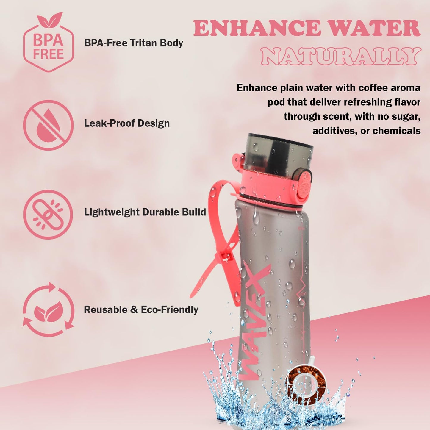 600ml Pink Tritan Water Bottle With 1 Coffee Aroma Scent Pod