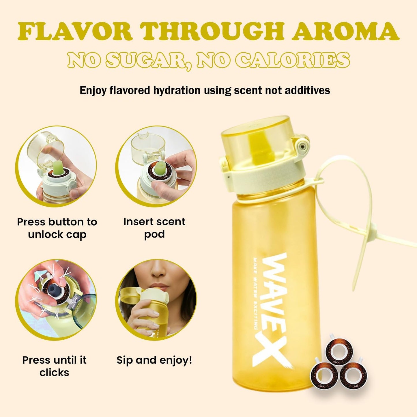 550ml Golden Yellow Tritan Water Bottle With 3 Cola Aroma Scent Pod