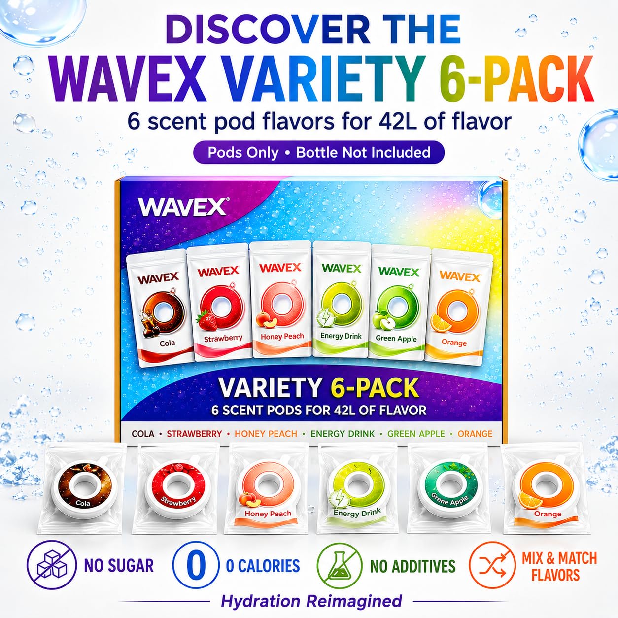 VARIETY 6-PACK: COLA, STRAWBERRY, HONEY PEACH, ENERGY DRINK, GREEN APPLE, ORANGE Scent Pods, For Wavex Scent-Powered Water Bottles