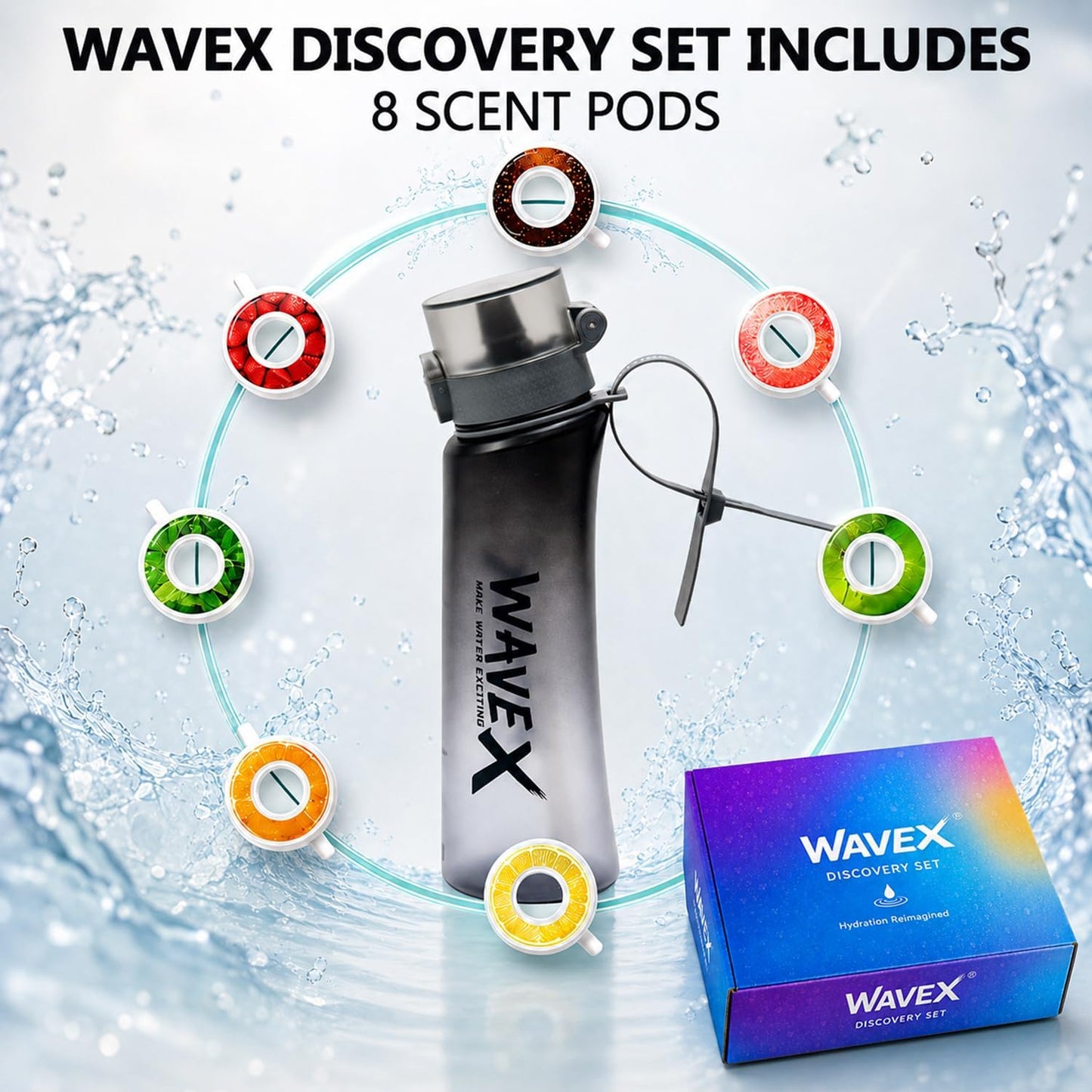 WAVEX 600ml Iron Mist Gray Tritan Water Bottle with Variety 8-Scent Pods Discovery Set